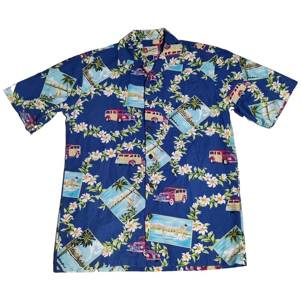 HILO HATTIE Men Small Blue Floral Woody Wagon Post Cards Hawaiian Shirt